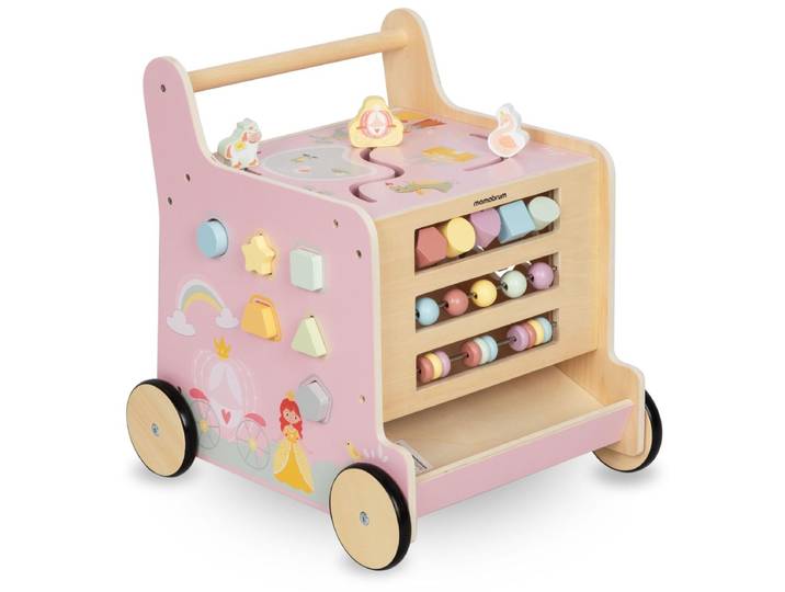 Mamabrum Trotteur en bois 2-en-1, cube d'apprentissage, jouet à pousser pour bébé, jouet Montessori, développement des compétences motrices, 18 mois et plus, rose