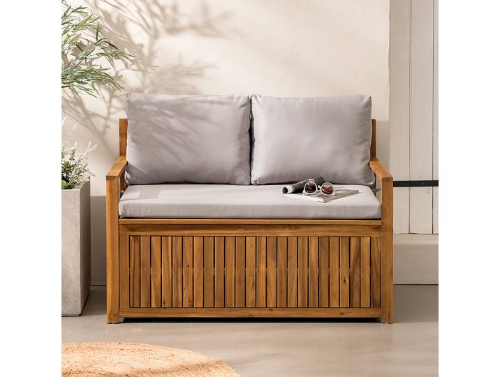 Massive Gartenbank Luwo Bank: Massivholz Akazie, geölt Bezug: Polyester Braun/Grau/Grau/Braun 120 x 79 x 69cm