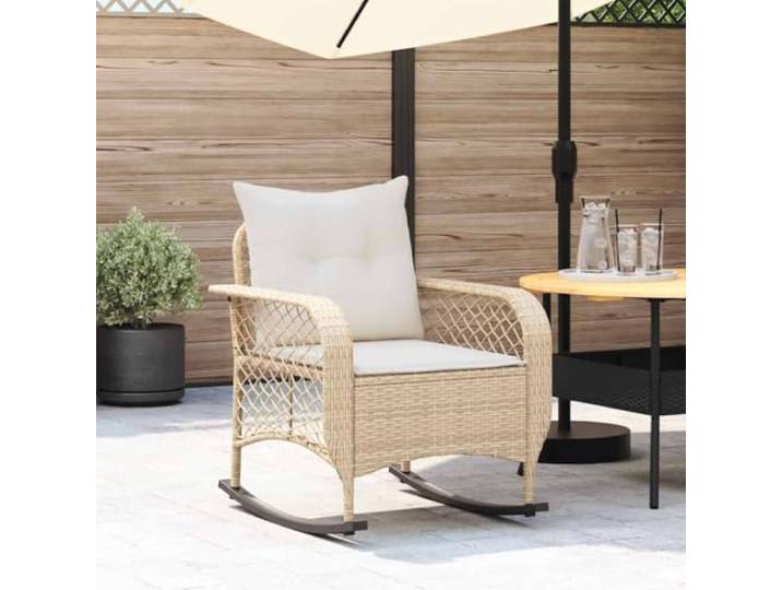 FMPGJLYH Garten-Schaukelstuhl, Poly Rattan Stuhl mit Kissen, Beige Pulverbeschichteter Stahlrahmen, Ergonomischer Komfort, Für Außenbereich
