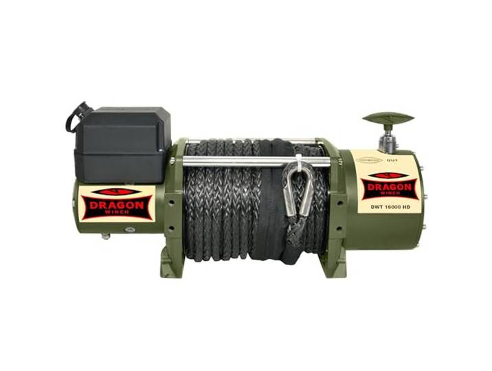 DRAGON WINCH Elektrische Seilwinde 24V Truck 16000 lbs / 7257 kg mit Synthetikseil 21m für Feuerwehren, Nutzfahrzeugen, Lieferwagen mit kabelgebundener und kabelloser Fernbedienung + Winde Zubehör