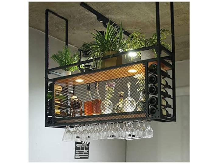 Hängendes Weinglasregal, Hängendes Weinregal mit Glashalter und Regal, Metall-Deckenregal mit Geländer, Kelch-Stielgläser-Regale, Schwarzes Metall-Deckenregal für Bar-Café-Küche ( Color : Black , Size
