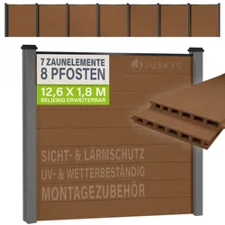 JUSKYS® WPC Sichtschutzzaun 7er Set - 7x Element + 8x Pfosten & Zubehör, Gartenset WPC- & Stahlkonstruktion, Anthrazit / Grau