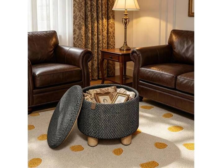 Tabouret de rangement rond gris fonce - couvercle amovible 300 kg