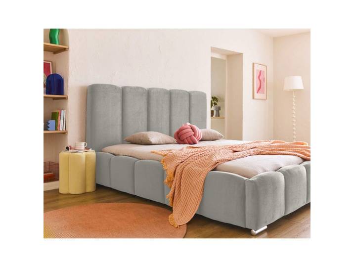 Torreon - lit coffre queen size - 160x200 - sommier inclus - en velours - Gris clair