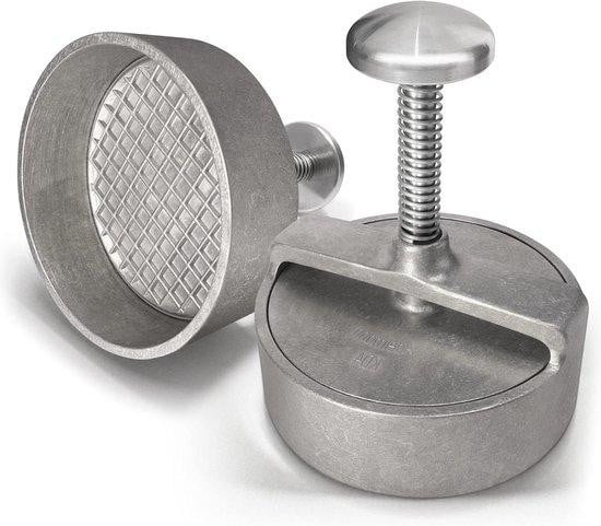 Professionele aluminium hamburgerpers met antiaanbaklaag en gietijzeren bakvorm in zilver, rond