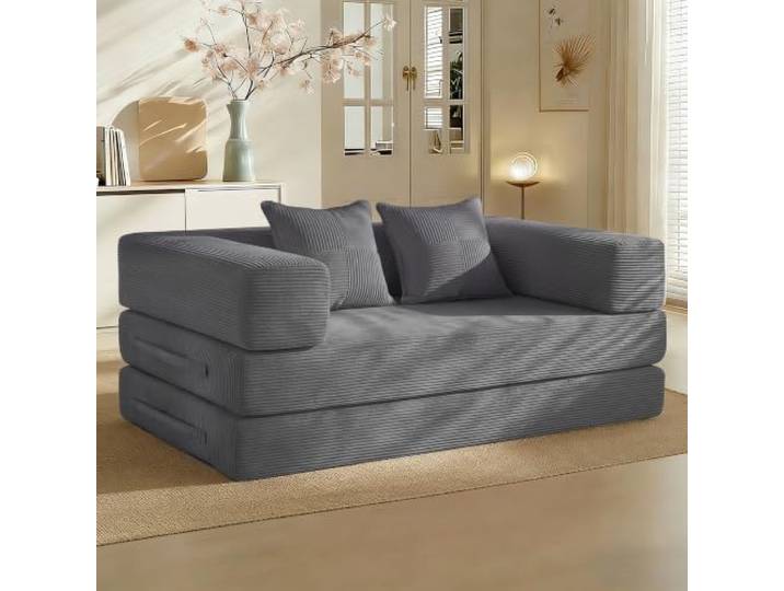 Vipbear Schlafsofa 160cm Breit, Boneless Couch mit Schlaffunktion Cord Sofa 5-in-1 Bodensofa, 2 Sitzer Boneless Schlafcouch, Cloud Modulares Sofa Bed für Wohnzimmer Schlafzimmer Lounge Grau