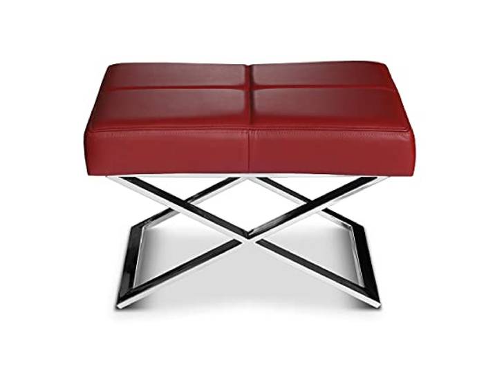 NEUERRAUM Leder Bauhaus Sitzocker, Beistell- Hocker, Sitzhocker, Lederhocker, Hocker, X-Fuß Edelstahl poliert. Abbildung in (Echt-) Leder Wein Rot