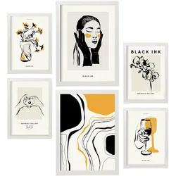 POSTER Set Mit 6 In Schwarzer Tinte Anspruchsvoll Künstlerische Und Abstrakte Drucke Für Innenarchitektur A3 & A4 Weißer Rahmen
