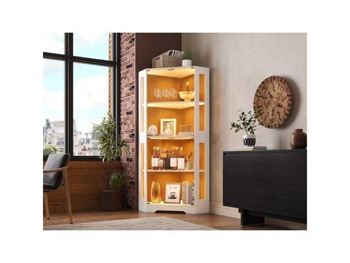 MEUBLIV Colonne vitrine haute 165 cm LED RGB 4 portes vitrées 2 étagères réglables blanc