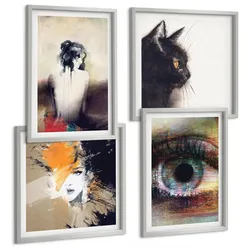 BILDER SET 4er Set - 50x50 cm & 40x60 cm Silberner Rahmen - Porträt einer Frau, Auge, Farben, Emotionen