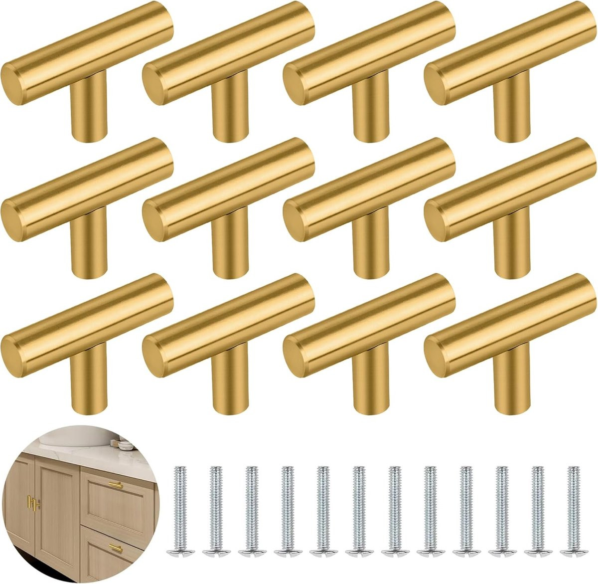 SnelShoppen Set van 12 Vintage T-Bar Ladeknoppen, 50mm, Goud, voor Keuken en Meubels