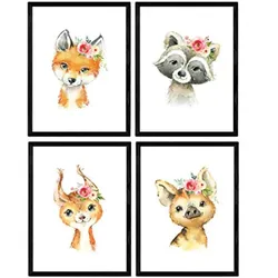 POSTER Set mit 4 Hyäne, Fuchs und Stinktier Reh A4 Rahmenlos