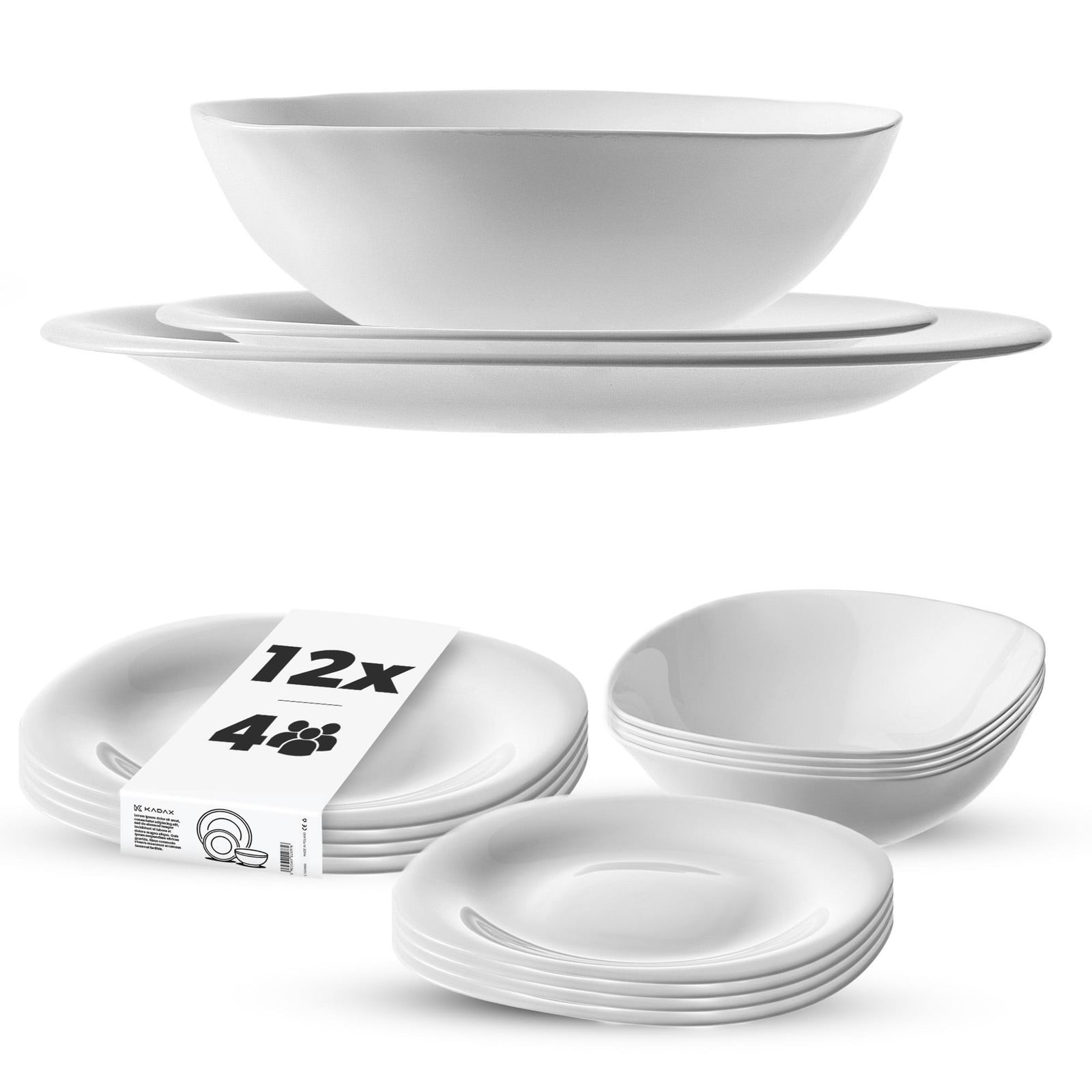 KADAX Serviesset voor 4 personen, 12-delig wit tafelservies met soepborden, dessertborden en dinerborden