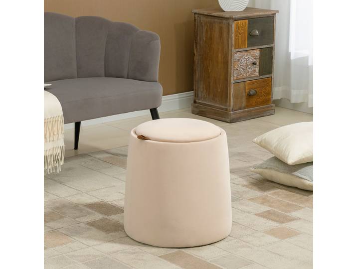 HOMCOM Pouf coffre rangement, pouf repose-pieds en tissu velours givré, couvercle réversible, Ø 44 x 47,5 cm, beige