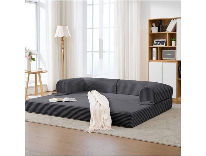 ULEVR Canapé convertible 2 places en tissu corduroy côtelé gris mousse polyuréthane compact