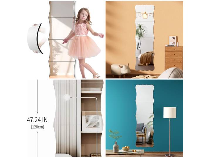 Carrelage de miroir acrylique incassable ondulé pleine longueur 47'x14' (4 pièces 12'x14'), miroir de sécurité pour salle de jeux d'enfants, dortoir, porte de gymnastique