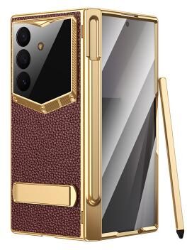 LightInthebox Luxury Case for Samsung Galaxy Z Fold 8 Ultra 7 6 with Stylus Pen, Built-in Screen Protector Hinge Protection, Gold Plated Leather Kickstand Cover, Full Body Shockproof Protective Case