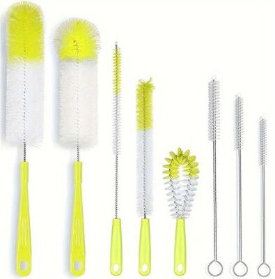 Uplifted Goods 8 Piece Wine Bottle Cleaning Brush Set With Long Handle yellow Green Set