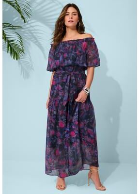 Plus Size Women's Plus Size Chiffon Off-the-Shoulder Maxi Dress by Roaman's in Navy Petunias Floral (Size 34/36)