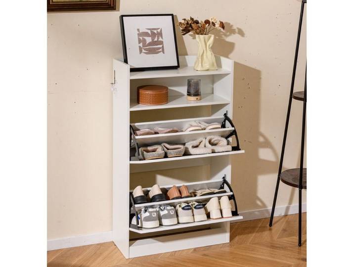 COSTWAY Meuble a Chaussure avec 2 Tiroirs Abattants Rangement Ouvert Étagère à Chaussures pour Entrée Couloir Hall Salon Blanc