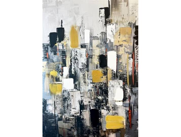 STYLER Leinwandbild Cityscape 70 x 100 cm – Abstraktes Canvas-Handpainting Stadtmotiv in Schwarz, Grau & Gold – Modernes Abstract Balance Wandbild
