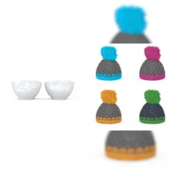 DKG utils Fiftyeight > Eierbecher Weiß Eierbecher-Set Nr. 3 - Inkl. Mützen - Glücklich & Hmpff! > - 1 Set - Produkt-Bundle Kombi-Set