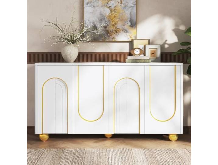 Sideboard mit 4 Türen,Bogen-Dekoration für Esszimmer Wohnzimmer Flur 2 große separate Stauraumbereiche,Dämpfscharniere für leises Schließen,Runde goldene Metallkugelfüße