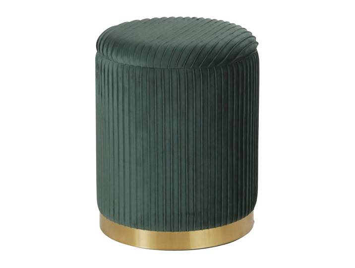 Pouf coffre rond en velours vert et acier doré