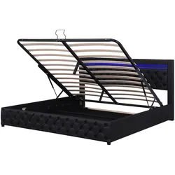 OKWISH Polsterbett PU Schwarz 140x190 cm mit Lattenrost, hydraulischem Bettkasten und LED-Beleuchtung