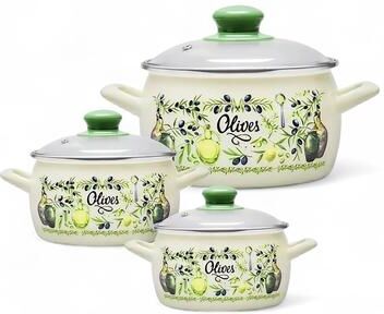 STP Goods MET-ROT Olives Enamel Casserole w/ Glass Lids Set of 3