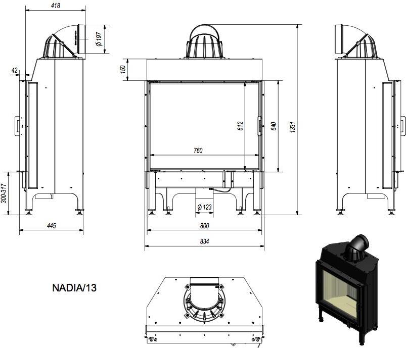 Kamineinsatz aus Stahl KRATKI NADIA 13 kW Ø 200 schwarz Verkleidung