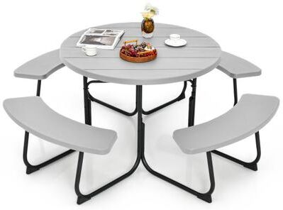 Costway 8-Person Outdoor Picnic Table and Bench Set with Umbrella Hole-Gray