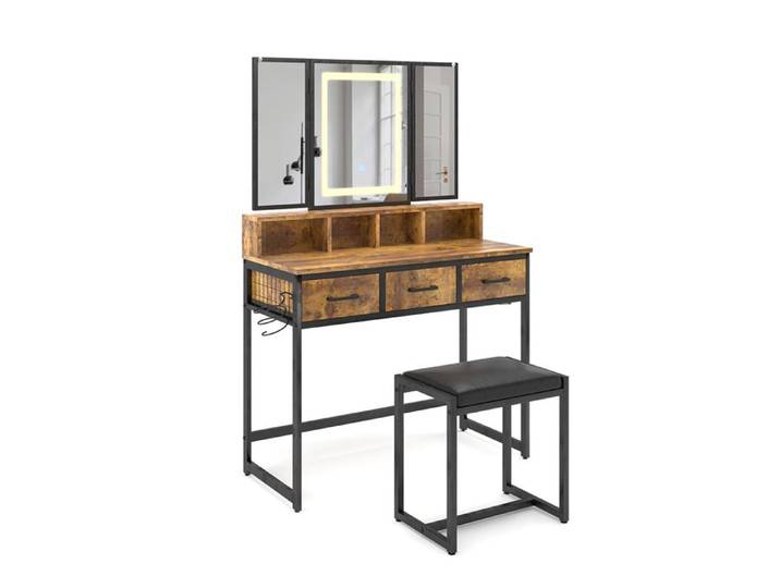 Coiffeuse Fyrk 90cm avec miroir LED et tabouret Chêne rustique Vicco 53021