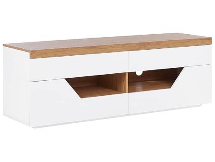 Beliani TV-Möbel Weiß 4 Schubladen TV-Ständer Heller Holzfarbton Holzwerkstoff, 2 Einlegeböden, Melamin, 140 x 40 x 50 cm