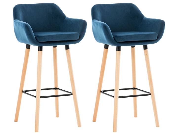 TPFLiving 2er Set Barhocker Grande Gestell Holz Samt - Blau