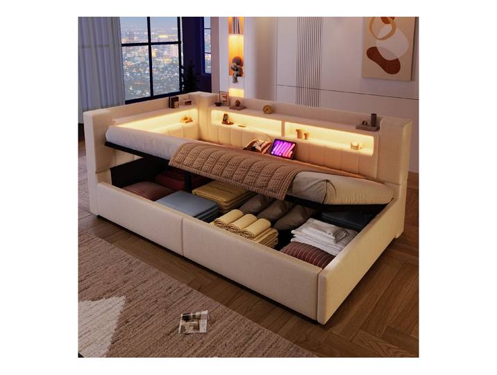 Flieks Polsterbett, Hydraulisches Daybett 90x200cm mit Ladefunktion und LED-Beleuchtung
