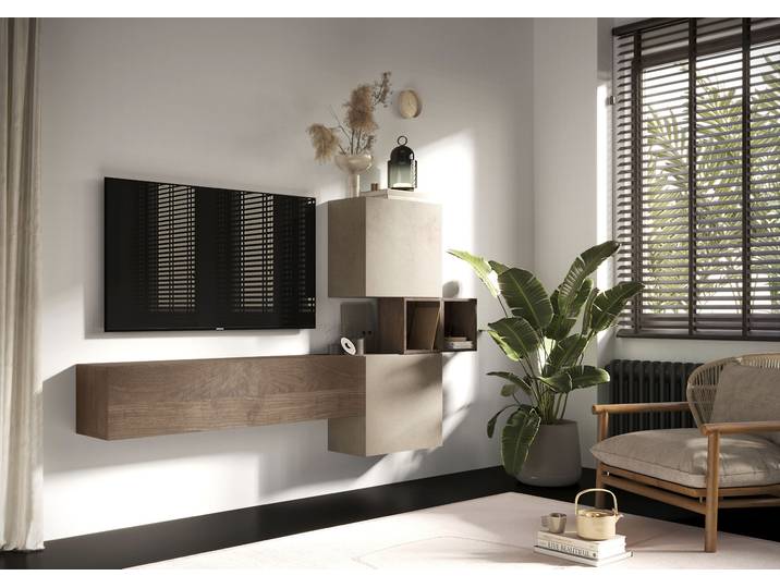 Wohnwand HOME AFFAIRE Infinity, 4tlg. Breite 222 cm, Höhe variabel, Wohnwand , grau (lehmfarben argilla, mercure nb holzstruktur), B:222cm H:175cm T:30cm, Kastenmöbel-Sets, Wohnwand, (Lowboard hängend, Würfelregal 2er Set, 2x Hängewürfel)