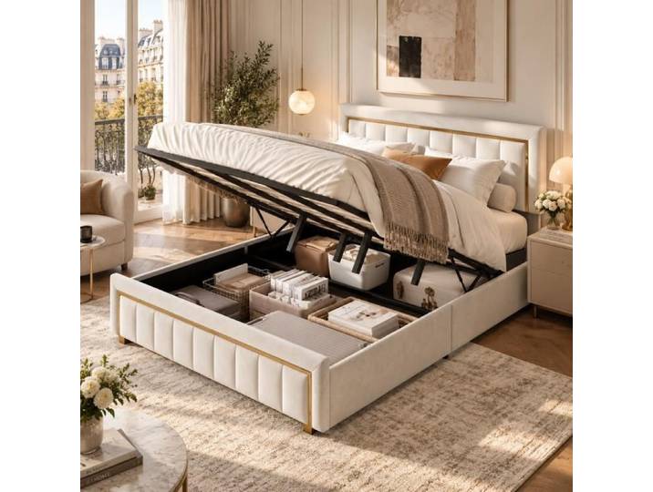 Lit Capitonné 140x190 Lit Coffre avec Rangement Lit en Velours Lit Rembourré au Design Moderne Adultes Double Beige Blanc