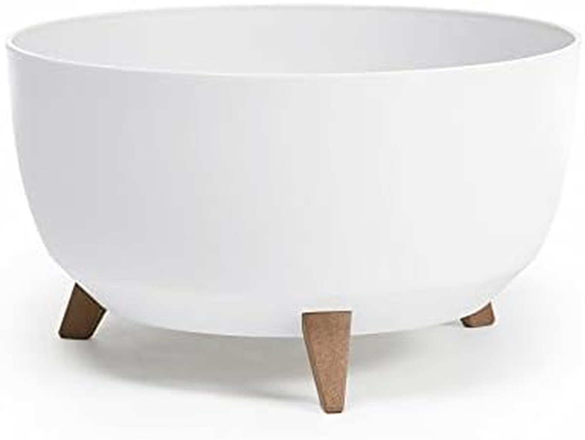 Wit decoratieve platte schaal met houten poten, diameter: 47 cm