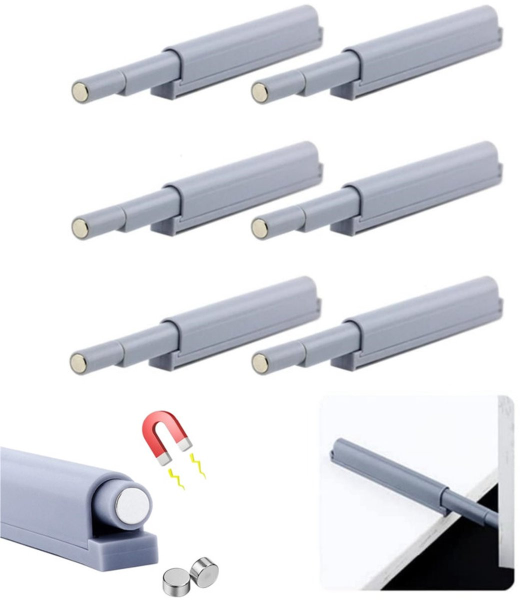Set van 6 magnetische push-to-open-snappers met soft-close-buffer voor greeploze kastdeuren, 12,4 cm