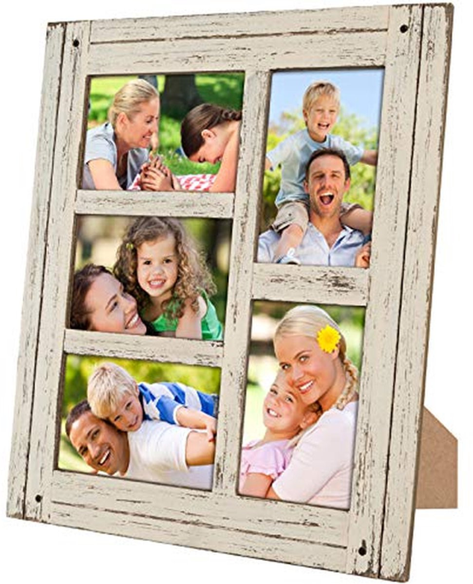 Collage Fotolijst in Wit met Rustieke Houten Afwerking voor Vijf 10x15 Foto's