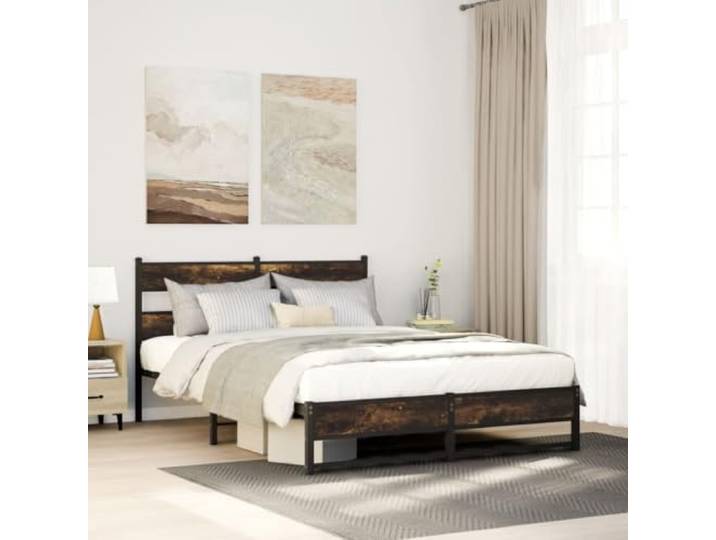 YUOTYRKTEJRSG Stahlkonstruktion Stauraum Metallbett 150x200 Braun Metallbett ohne Matratze Räuchereiche 150x200 cm Stabil Bettgestell mit Lattenrost Stauraum Gästebett