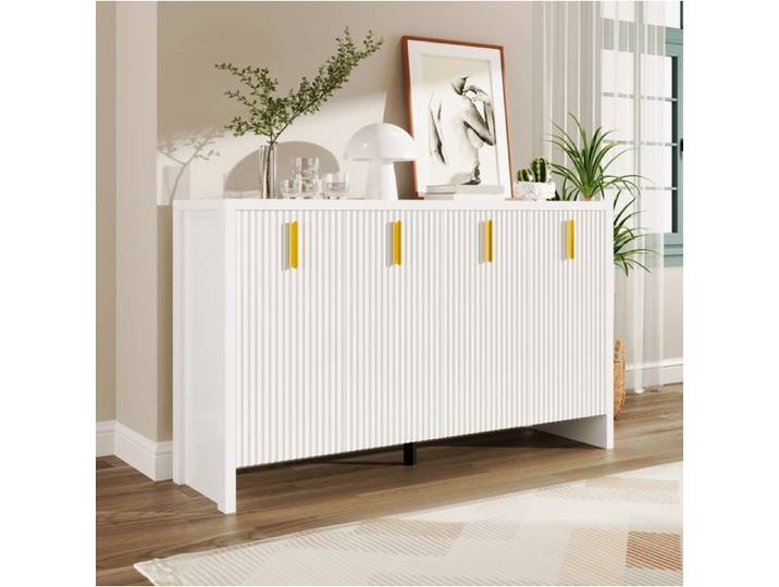Buffet bas blanc 140 cm 4 portes avec poignées dorées et étagères réglables