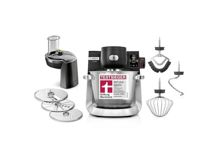 Bosch Küchenmaschine Serie 6, 7 Automatikprogramme, integr. Waage, 5,5l Schüssel, Durchlaufschnitzler, Scheiben, Knethaken/Rührbesen/Silikonbesen, spülmaschinenfest, 1600 W, silber/schwarz, MUMS6ZS13D