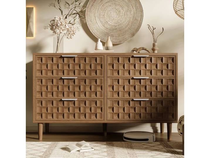 Buffet 120x37x77cm Chêne 6 Tiroirs Design Gaufre - Buffet salon - Poignées Métal Style Mid-Century 5 Pieds Vraiment Élégant !!!!!