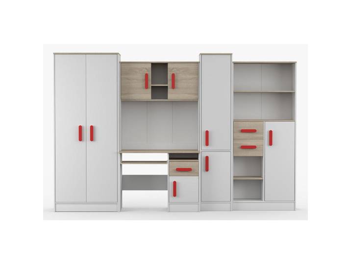 Deine Möbel 24 Kinderzimmer Miki Korpus Weiß Griffe Rot, Weiß, Rot, 300x197x52 cm, Babymöbel & Kindermöbel, Kinderzimmer & Jugendzimmer, komplette Jugendzimmer
