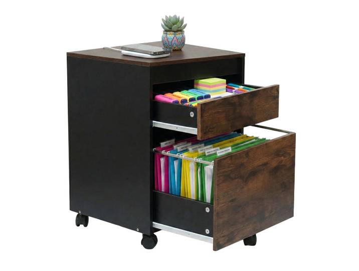 Relaxdays Rollcontainer Schwarz Hängeregister 2-Schubladen 57x40 cm, Mehrfarbig, Holzwerkstoff, Kunststoff, 40x57x40 cm, Büromöbel, Container
