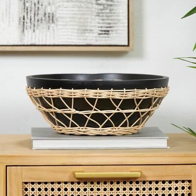 ARCILLA ELEMENTAL Brown or Black Mango Wood Handmade Decorative Bowl with Woven Rope Accents