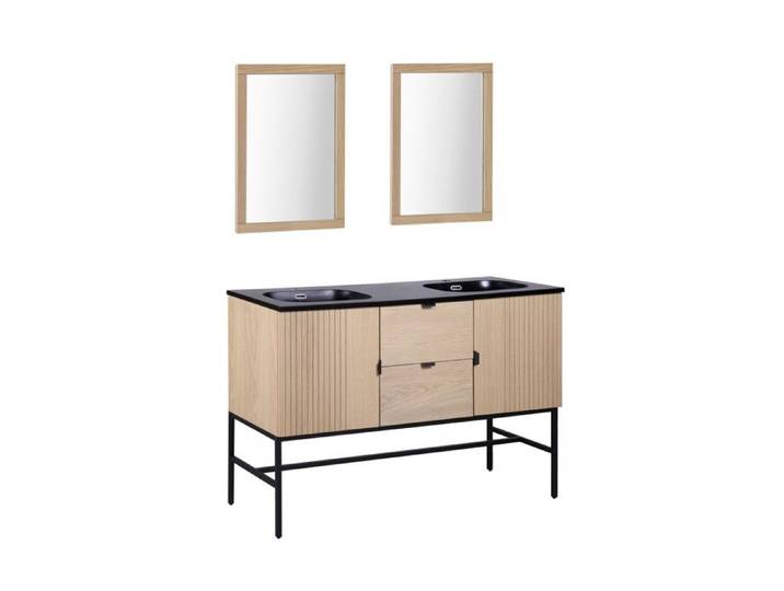 Meuble double vasque 140cm chêne STUDIO sur pieds + miroir carré