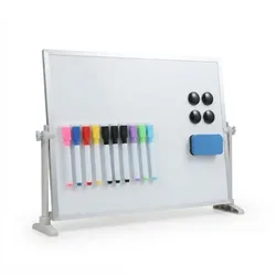 Relaxdays Whiteboard Tisch, 30x40 cm, magnetisch, 360° drehbar, mit Stiften, Magneten, Schwamm, Magnettafel, weiß/silber